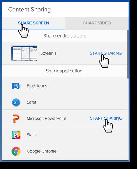 Sharing Screen or uploaded Video Moderators and Presenters can share their screen (or uploaded videos). 1. Click the Content Sharing bar and you ll land in the Share Screen tab. 2.