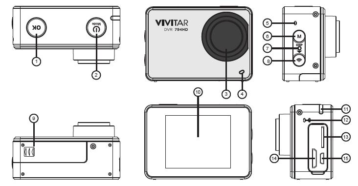 Parts of the Camcorder 1. Shutter / OK Button 8. Wi-Fi Button / Down Button 2. Power / Mode Button 9. Battery Cover 3. Lens 10. LCD Screen 4.