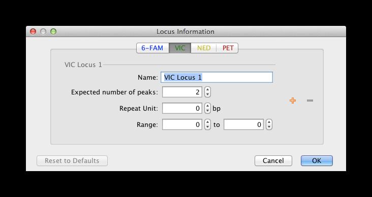 5 Set Locus Info This allows you to name your loci and specify their repeat unit, number of expected peaks and the size range they occur over, shown in Figure 2.
