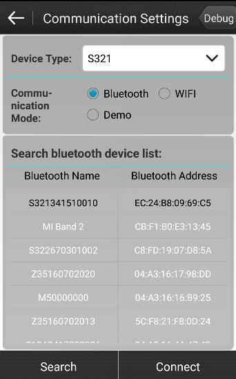 Select "WIFI" communication mode in the communication settings interface, then click "search" to find the WIFI names of corresponding receivers (the default WIFI name is the receiver number), at last