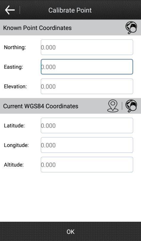 Then input the known point coordinates, and click to get the current WGS84 coordinates. 2. Click OK to pop up the result. Then click OK to return to the calibrate point interface.