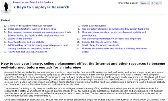 7 Keys to Research The 7 Keys to Research selection on the Resources page will open the 7 Keys to Employer Research page. This page opens with an article displayed in one long scrolling page.