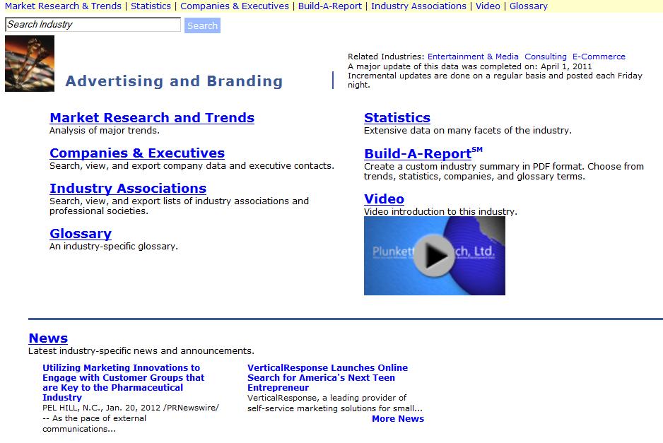 Industry Research Centers The Industry Research Centers section of the database Home page has more than 30 selections.