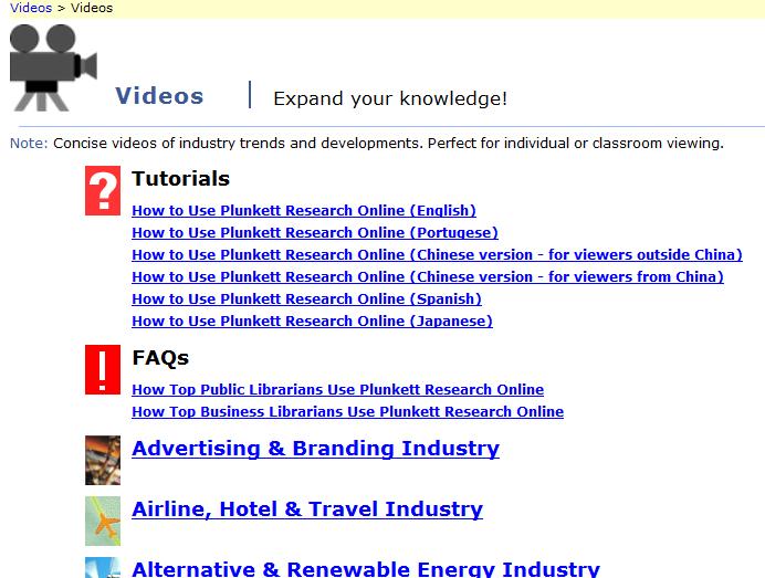 Industry Videos The Industry Videos selection will open the Videos page. This page has links to a variety of videos. The Tutorials section has links to videos on how to use the database.