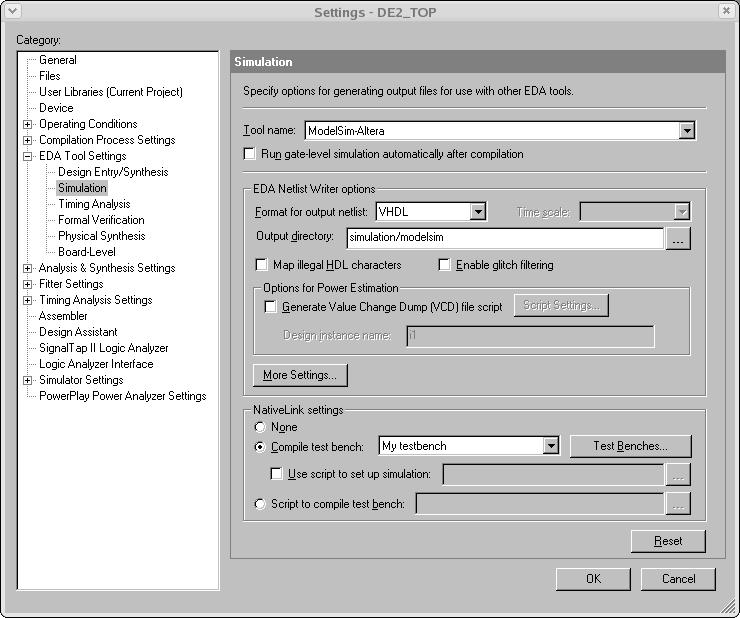 With the project open, select Assignments EDA tool settings and click on Simulation. Set Tool name to ModelSim-Altera.