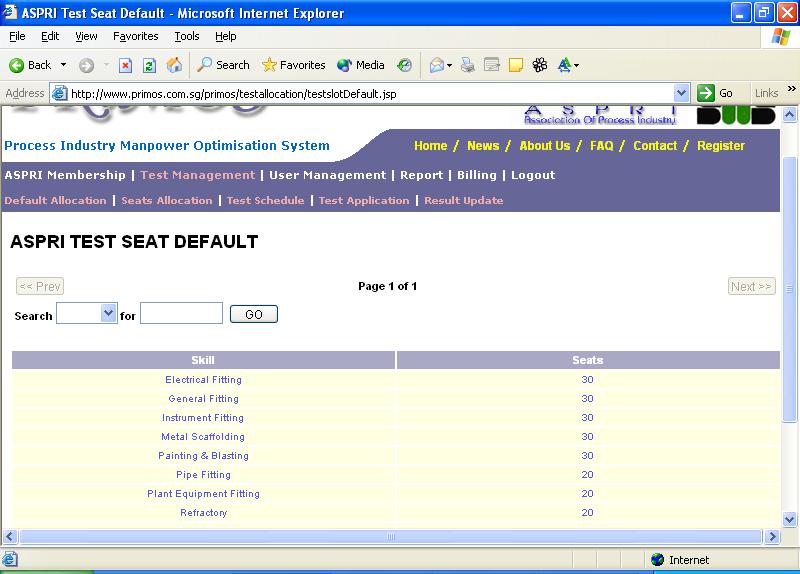 CHAPTER 5 TEST MANAGEMENT 5.1. To specify default available test seat (for Test Seat Allocation formula) i. Click on the Test Management Default Allocation menu.