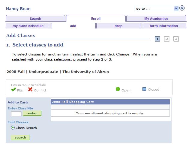 7. Search for Classes: To search for a class, verify the Class Search box is