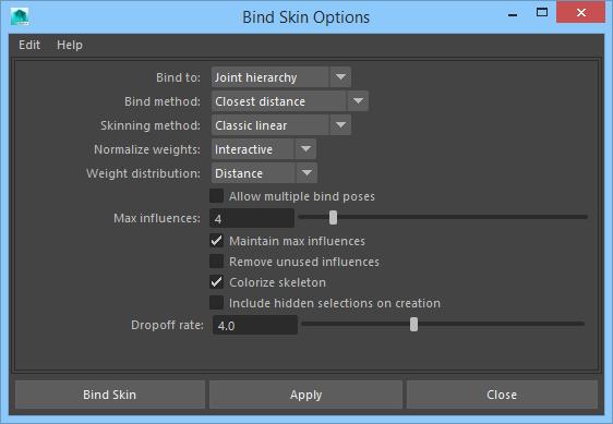 Note that Maya will automatically include the child bones that come off the bones you select. In the menu, open the Skin Bind Skin window.