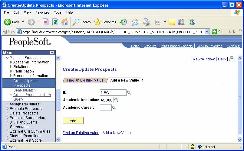 Figure 2 Add a New Value You should notice that the ID says NEW because the system will automatically assign the ID once you have entered your data and saved the record.