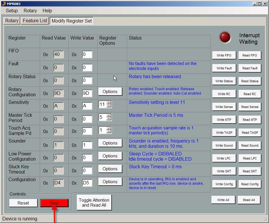 8. Run Button A. The Run button works in the same way that the run bit in the Configuration register. If the Run button is selected, the button will change to Stop and turn red (Figure 30).