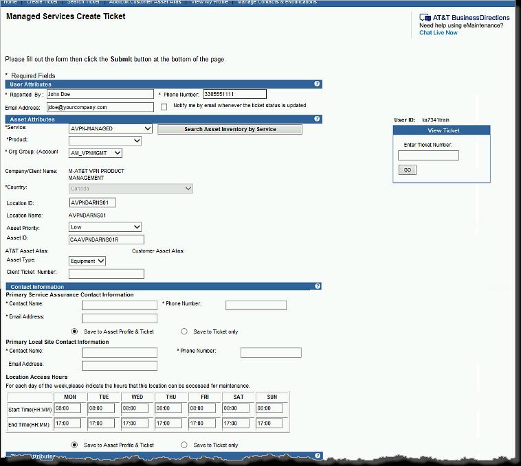 Creating a ticket for Managed services (4 of 5). The Managed Services Create Ticket screen appears again and includes your asset ID.
