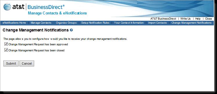 . The Manage Contacts & enotifications homepage appears. Select Change Management Notifications.