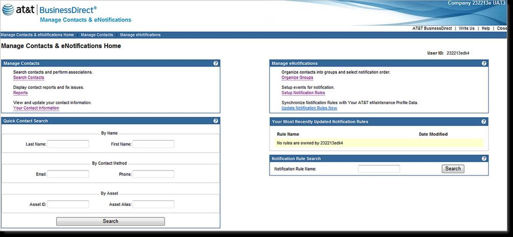 Manage Contacts & enotifications homepage The Manage Contacts & enotifications tool enables you to easily and efficiently notify others of various AT&T emaintenance events.