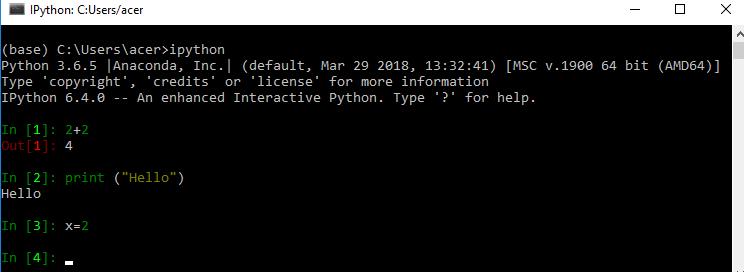 Start IPython from conda prompt When compared to regular Python console, we can notice a difference.