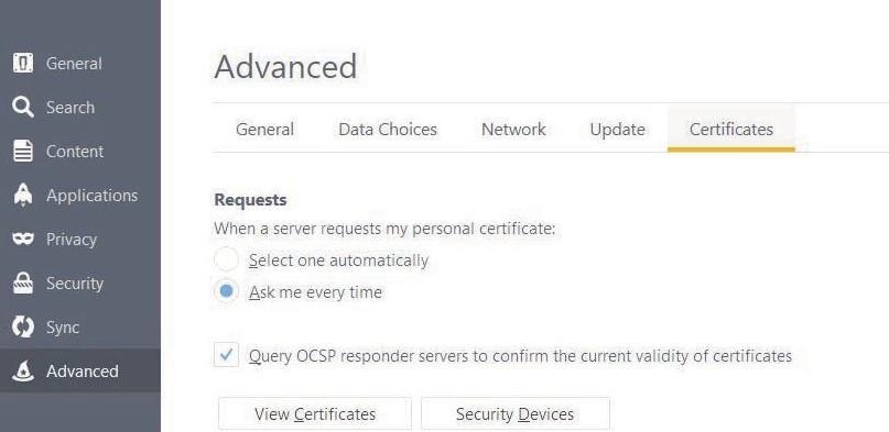 5 From the Options menu, select Advanced and click the Certificates tab. 6 From the Certificates tab, click the View Certificates button. 7 From the Certificate Manager, select the Servers tab.