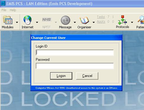 The PCS session can be locked or logged off by choosing either F2 Change User, or by selecting Change User from File menu.