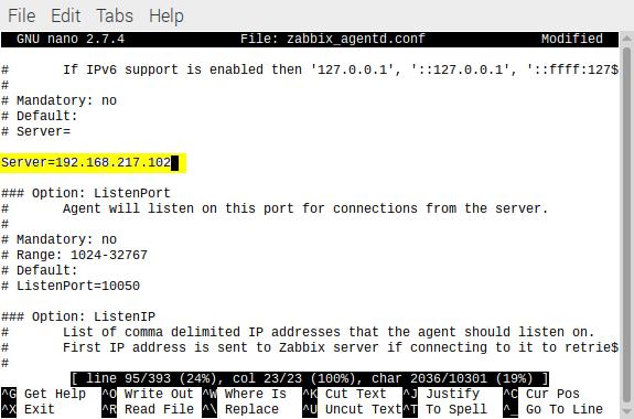 Enter the IP address of your Zabbix server. This is shown below in Figure 5. Figure 5: Zabbix server IP Next, scroll down to the section labelled ### Option: Hostname.