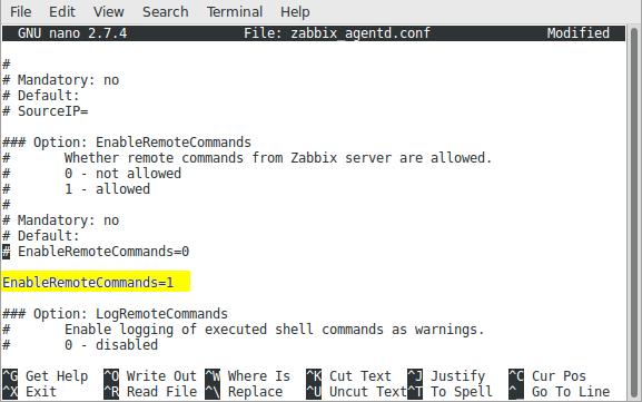 Figure 7: Enable remote commands Save the configuration file <Ctrl> o <Enter> <Ctrl> x.