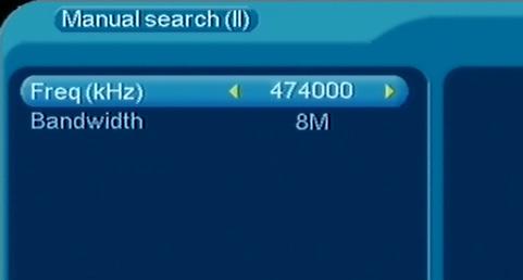 The 'Manual search (I)' page will appear; it allows to search the channels by frequency bands. Most countries broadcast DTT only in UHF band.