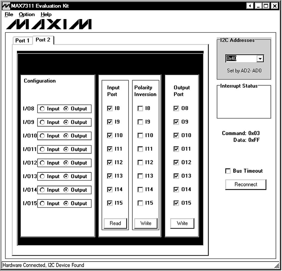 Figure 2. MAX7311 EV Kit Software Main Window (Port 2 Tab) Check or uncheck the desired checkboxes and press the Write button in the Output Port group box to write the port settings to the MAX7311.