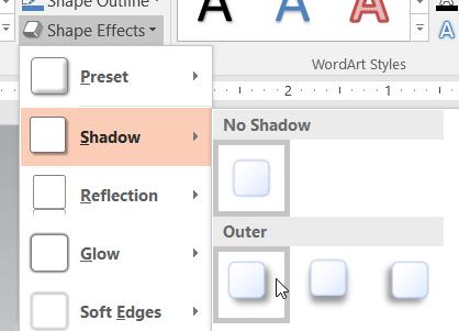 To change shadow effects: 1. Select the shape or text box. The Format tab will appear. 2. Click the Format tab. 3. Click the Shape Effects command. A drop-down menu will appear. 4.