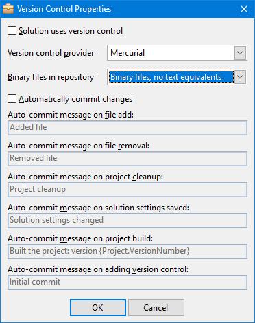 Figure 17. The Version Control Properties dialog manages version control settings for the solution. Solution uses version control: turn this on to put the solution under version control.