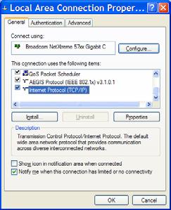 Select the Internet Protocol (TCP/IP) and press Properties Enter the required IP address settings in the popup window and select OK.