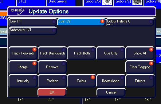 Updating Updating Update Options Window After setting up data in the programmer and pressing the UPDATE key, or after loading an item (cue, palette, submaster or UDK) into the programmer, adjusting