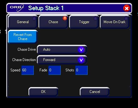 Cues, Stacks & Pages Chases Chase Options Select the [Chase] button in the Cue Stack Setup Window. Turn Into Chase To turn the cue stack into a chase - select [Turn into Chase].
