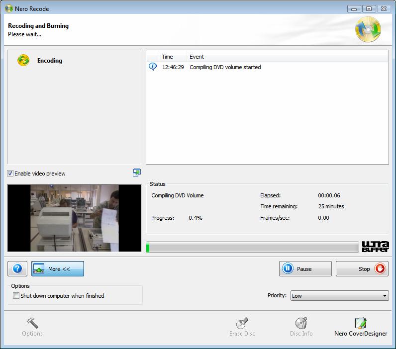 Nero Recode wizards Priority drop-down menu Use VIDEO_TS subfolder for DVD Video files the burner.