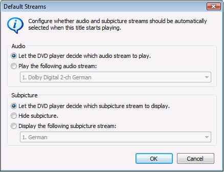 Recoding a main movie to DVD 7.2.2 Default Streams In the Default Streams window you can define the settings for audio and subpicture streams. Fig.