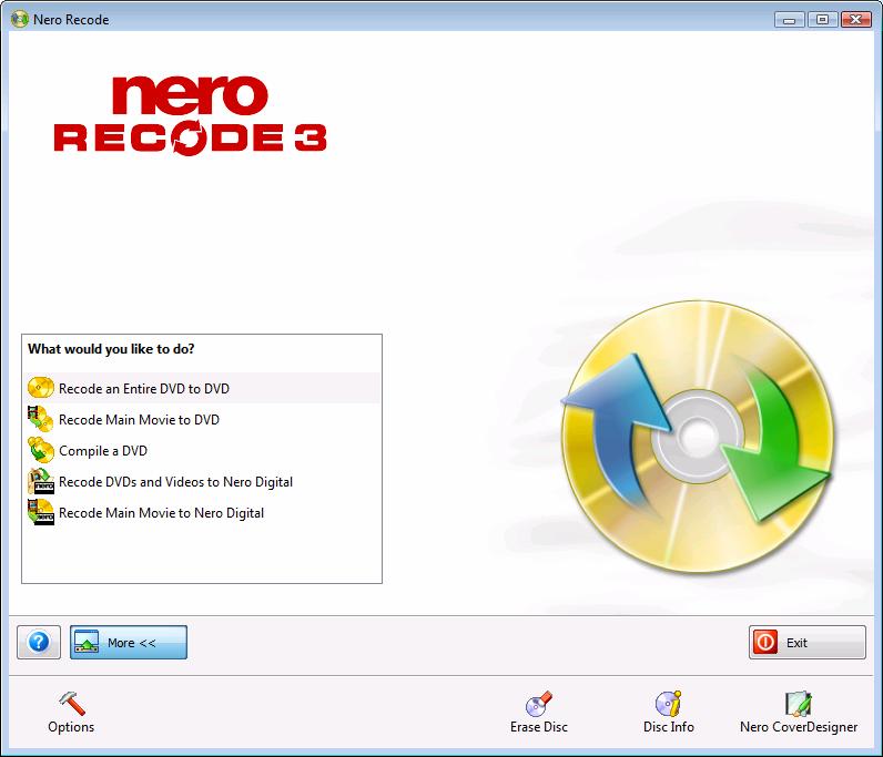 Nero Recode start screen 4 Nero Recode start screen After you launch Nero Recode the Nero Recode start screen will appear. This is where you can choose what you want to do with Nero Recode.
