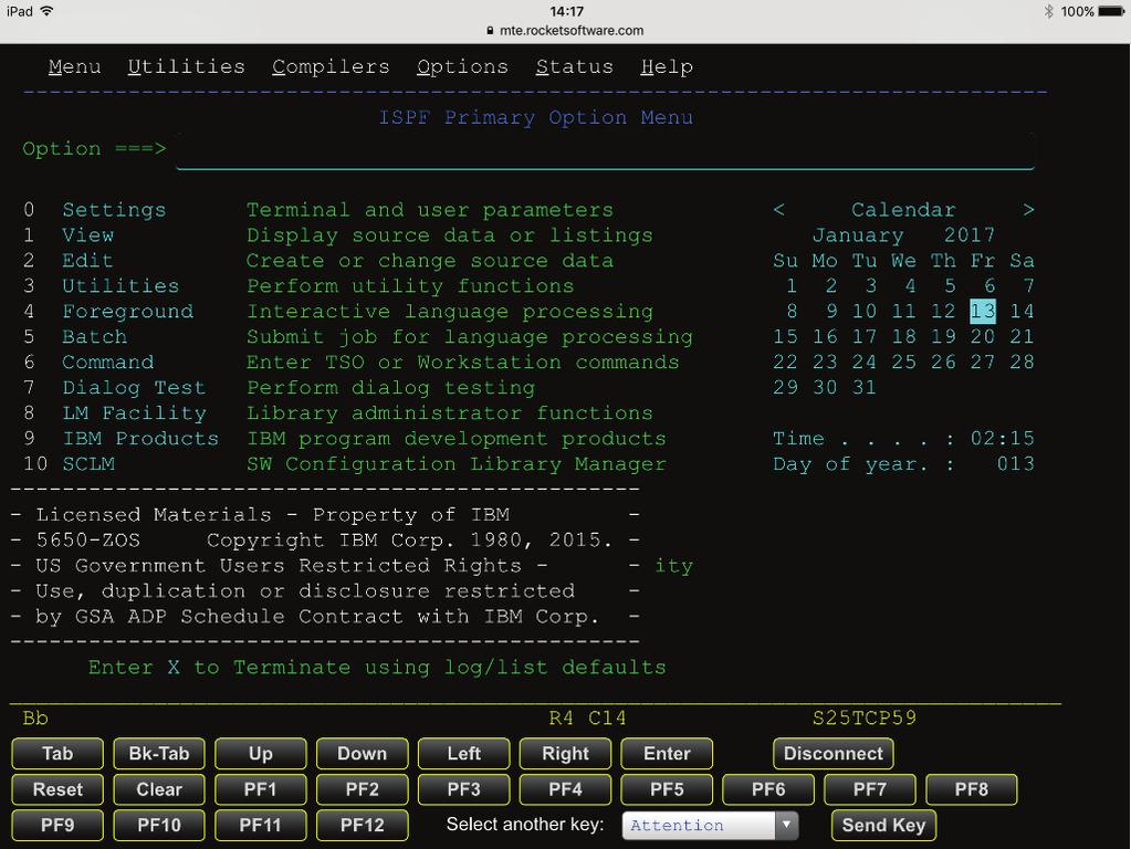 Figure 3: Rocket BlueZone Terminal Emulation Mobile-Based Session with 3270 function keys displayed.