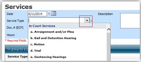 CJA evoucher for Attorneys Services (cont d) 4 Click the Service Type drop-down arrow
