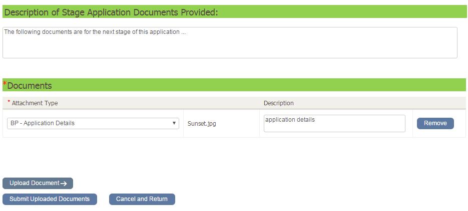 4) Click the Upload Document button to upload the stage application documents.