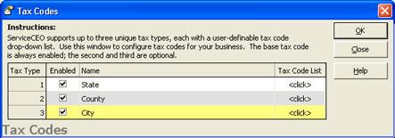 Cnfiguring ServiceCEO Adding Tax Cdes 1. Select Tls > Lists > Tax Cdes. The Tax Cdes dialg bx appears. 2. The Active check bx will be selected by default.