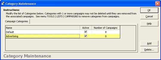 Lists and Optins Overview Campaign Categries Befre yu create a campaign, yu can create different categries in which t save yur campaigns. Yu can d this in the Categry Maintenance dialg bx.