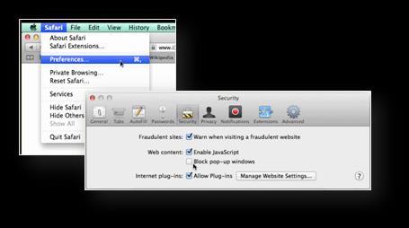 Disable Pop-up Blocker on Macintosh Safari: Open the Safari drop menu and choose