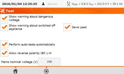 3.3.4 Measurement settings Press Configuration of tester. Press Test. Select chosen options by ticking empty squares.