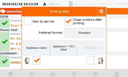 When Printing Label window shows up, select New to service if the device is being tested for the first time, and if using reference strikes also tick the approriate box, corresponding to the selected