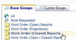 Lesson 2 Create Tutorial Training Report Let s create a report to use for this tutorial: 1. Select the Work Order (Closed) Reports folder on the left: 2.