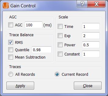 Gain Control To apply gain control on seismic data, open the Gain Control dialog box by clicking the Gain Control command under the Trace menu.
