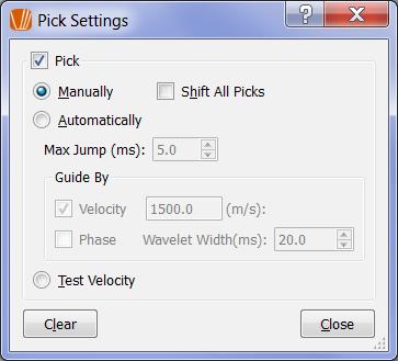 Picking First Breaks Before picking first breaks, click the Settings command under the Pick menu to open the Pick Settings dialog box and select the Pick option as shown in figure 3-5.