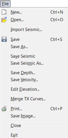 File Menu The submenu under the File menu, as shown in figure 1-2, contains following commands: New Load seismic data and create a TX curve file.