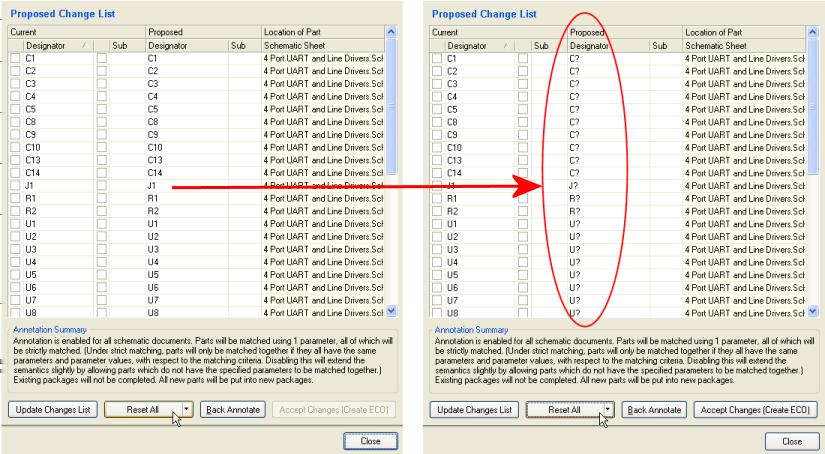 Figure 5. The ﬁrst dialog shows the Proposed Designator Change List before any changes are made.