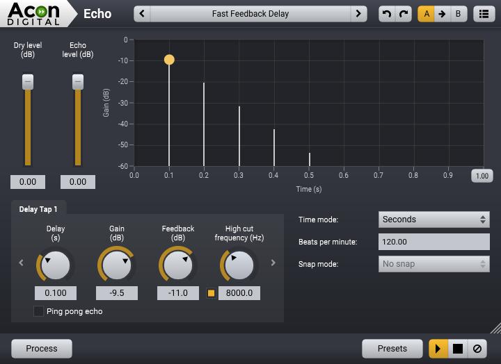Audio Processing 101 Parameter Settings Dry Level The amount of unprocessed signal in the output mix. Echo Level The amount of processed signal in the output mix.