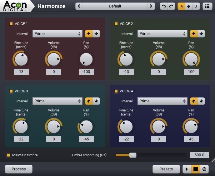 110 Acoustica 7.1 User Guide Parameter Settings (identical for each voice) Voice # Check this to activate the current voice Interval The musical interval to transpose.