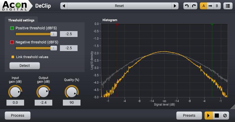 Audio Processing 113 User interface Parameter settings Positive threshold (dbfs) All samples values above the positive threshold value specified in dbfs are substituted by an estimation of the signal.
