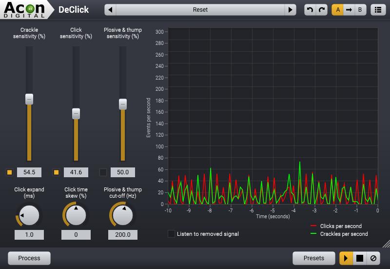 Audio Processing 115 Parameter Settings Crackle sensitivity (%) Sets the sensitivity of the decrackler algorithm. Higher crackle sensitivity values result in more crackle reduction.