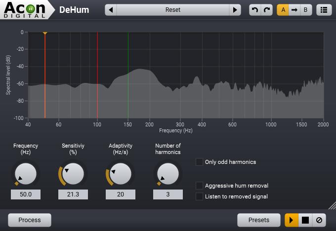 Audio Processing 117 Parameter Settings Frequency (Hz) The frequency knob can be used to set the fundamental frequency of the hum noise.